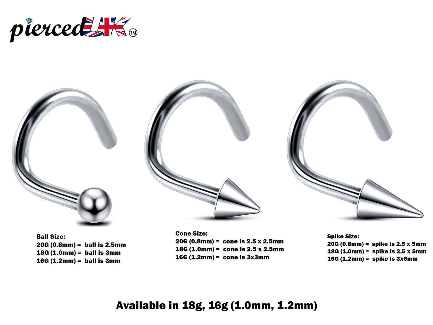 Nose Studs, Nose Ring - 20g, 18g, 16g Nostril Screw Ring with Ball Cone Spike - Nose Piercing, Nose Jewelry, Nose Pin