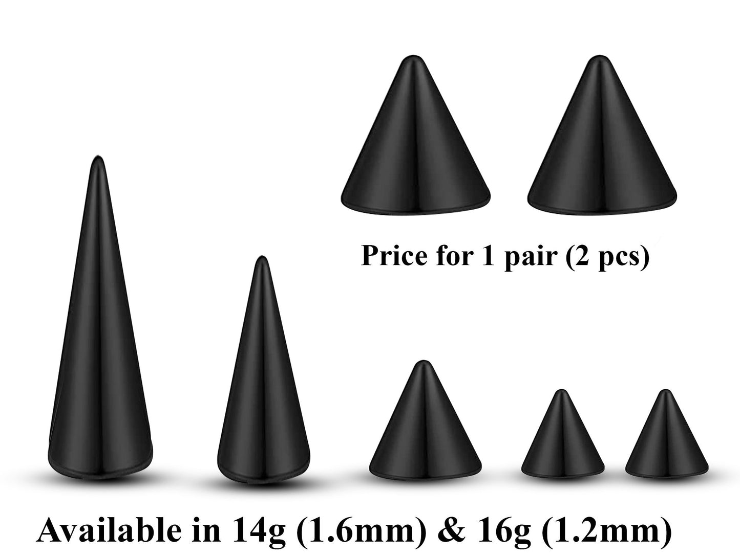 Titanium Spike Piercing, Pair of Spike and Cone Replacement Piercing Parts– 16g, 14g Attachment for Barbell, Labret, Horseshoe Bar and More.
