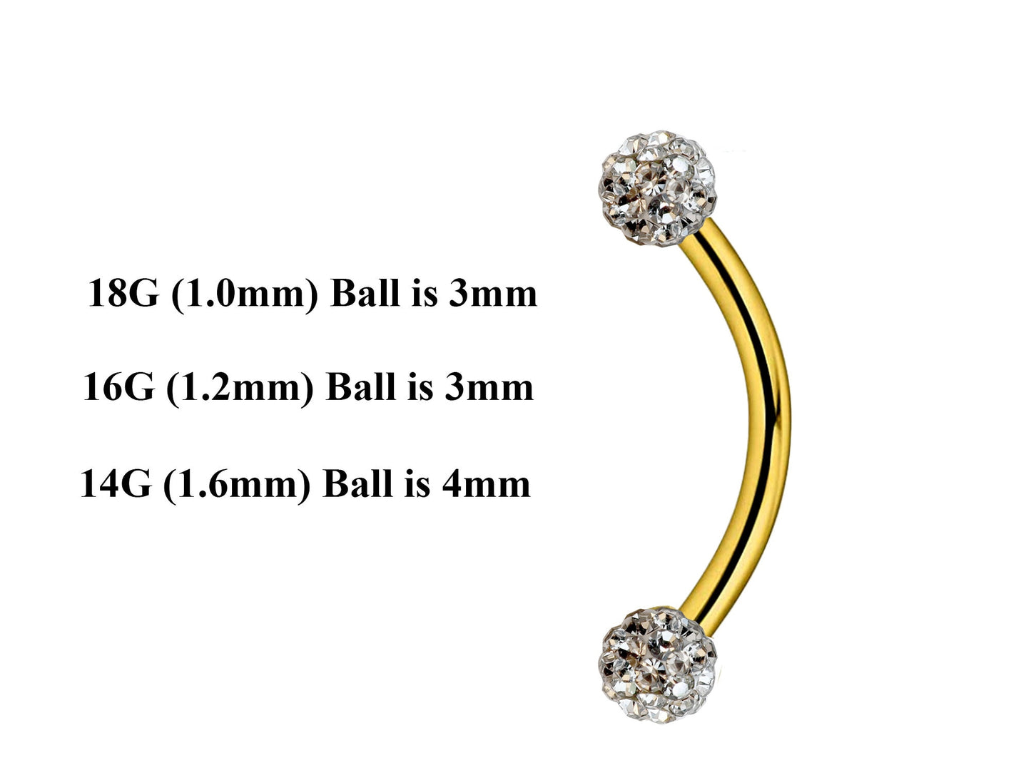 Gold Curved Barbell, Eyebrow Bar – Custom Bent Barbell 18g 16g 14g Piercing for Daith, Vertical Labret and More
