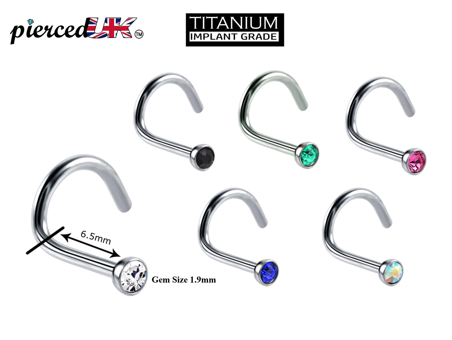 Titanium Nose Studs, Nose Ring - Nostril Screw Ring with Gem CZ Crystal - Nose Piercing Size 18g (1.0mm)