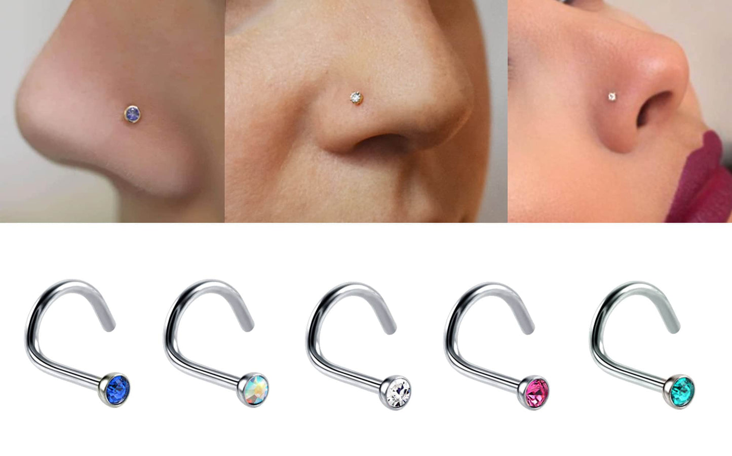 Titanium Nose Studs, Nose Ring - Nostril Screw Ring with Gem CZ Crystal - Nose Piercing Size 18g (1.0mm)