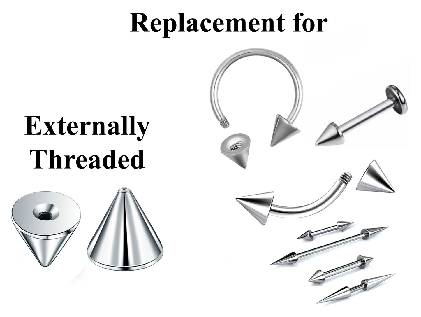Titanium Spike Piercing, Threaded Spike and Cone Bundle Replacement Piercing Parts - 16g, 14g Attachment for Barbell, Labret, Horseshoe Bar