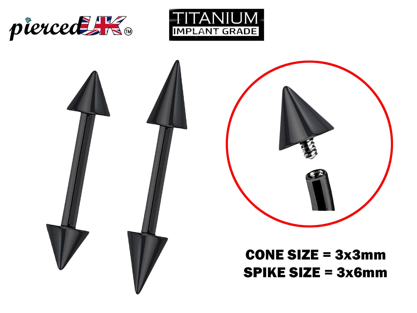 Titanium Black Spike Barbell Piercing, Ear Cartilage Stud Nipple Bar - Internally Threaded Body Jewellery 16G 14G