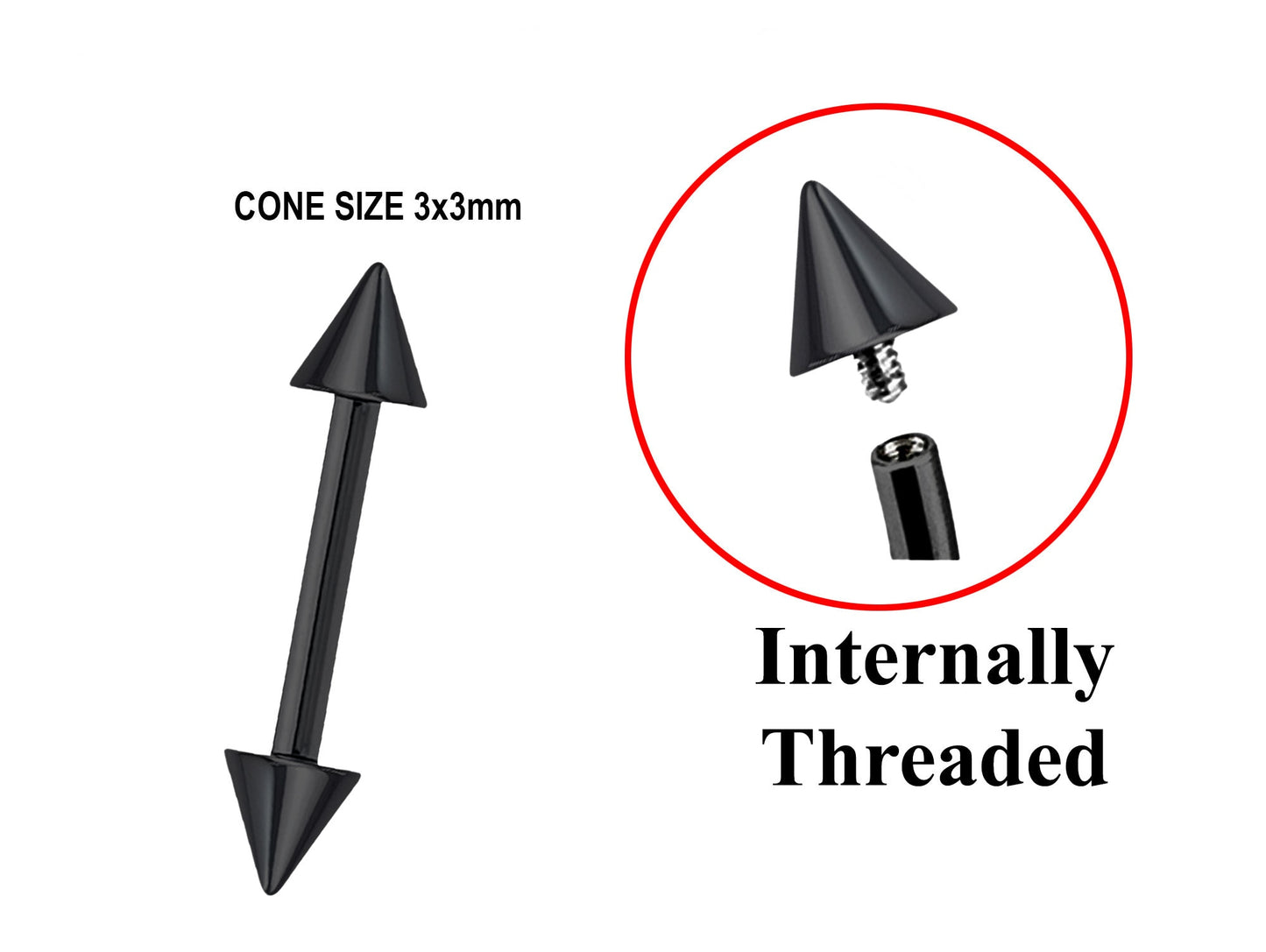 Titanium Black Spike Barbell Piercing, Ear Cartilage Stud Nipple Bar - Internally Threaded Body Jewellery 16G 14G