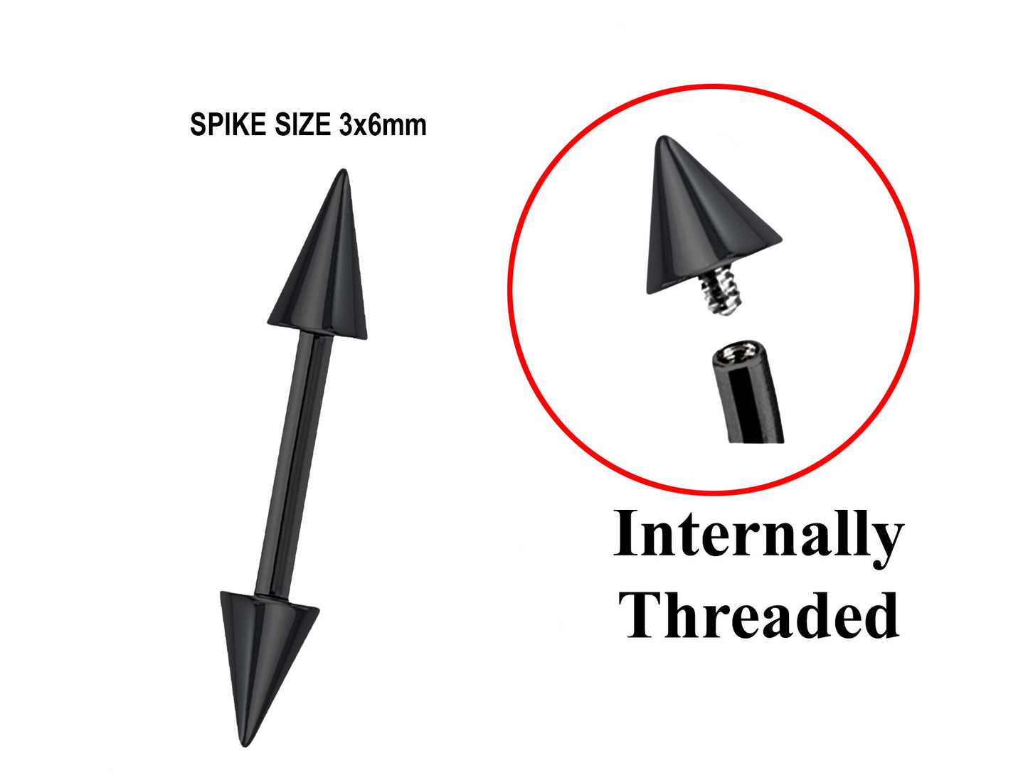Titanium Black Spike Barbell Piercing, Ear Cartilage Stud Nipple Bar - Internally Threaded Body Jewellery 16G 14G