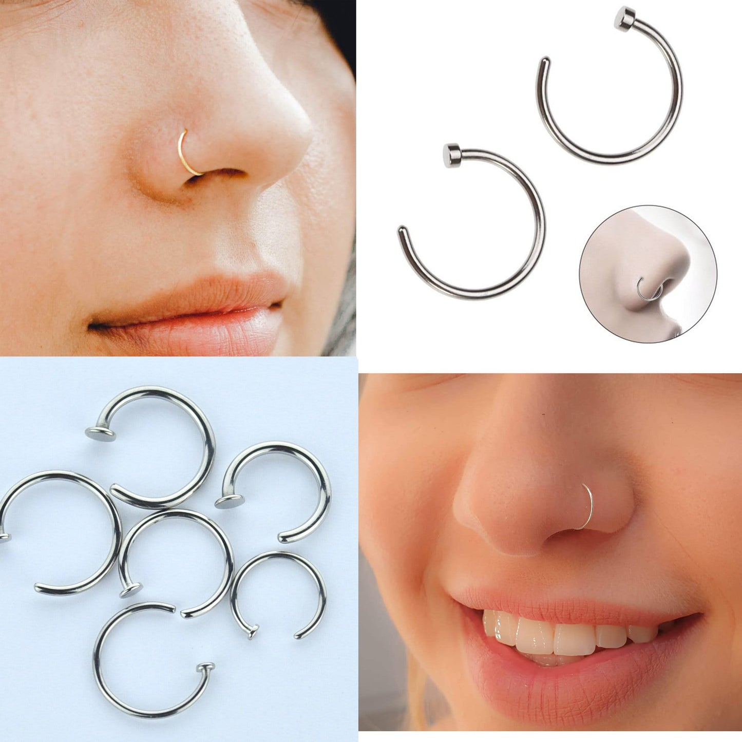 Nose Hoop, Titanium Nose Ring - C-Type Hypoallergenic Nose Ring Piercing - 20g, 18g. 16g, 14g Nostril Studs - Size 6mm to 12mm