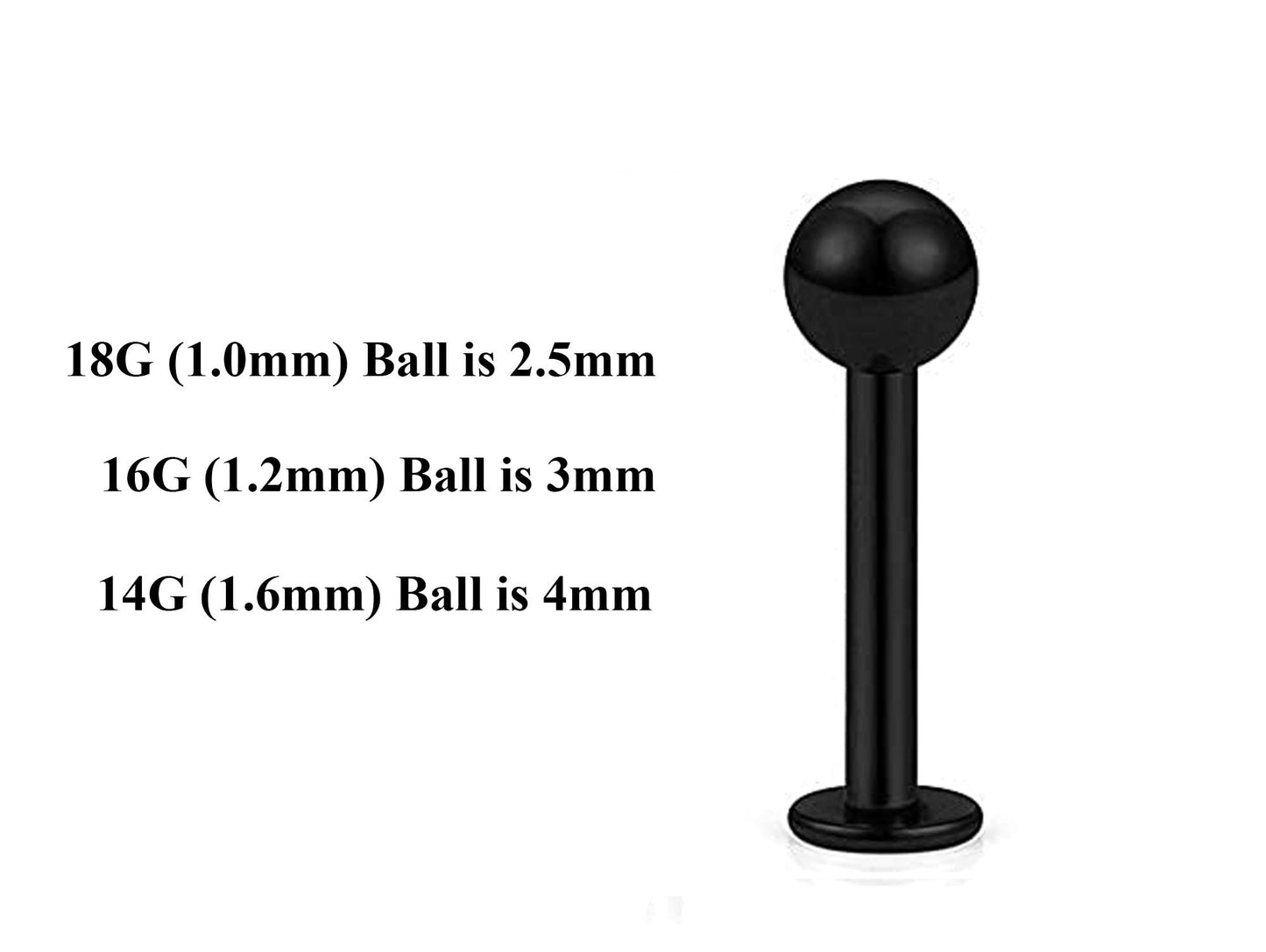 Black Labret Stud, Labret Piercing – Custom Lip Labret 18g 16g 14g Labret Piercing for Lip, Chin and More – Choose Top Ball in the Options