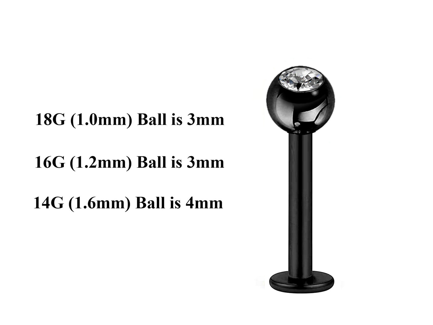 Black Labret Stud, Labret Piercing – Custom Lip Labret 18g 16g 14g Labret Piercing for Lip, Chin and More – Choose Top Ball in the Options