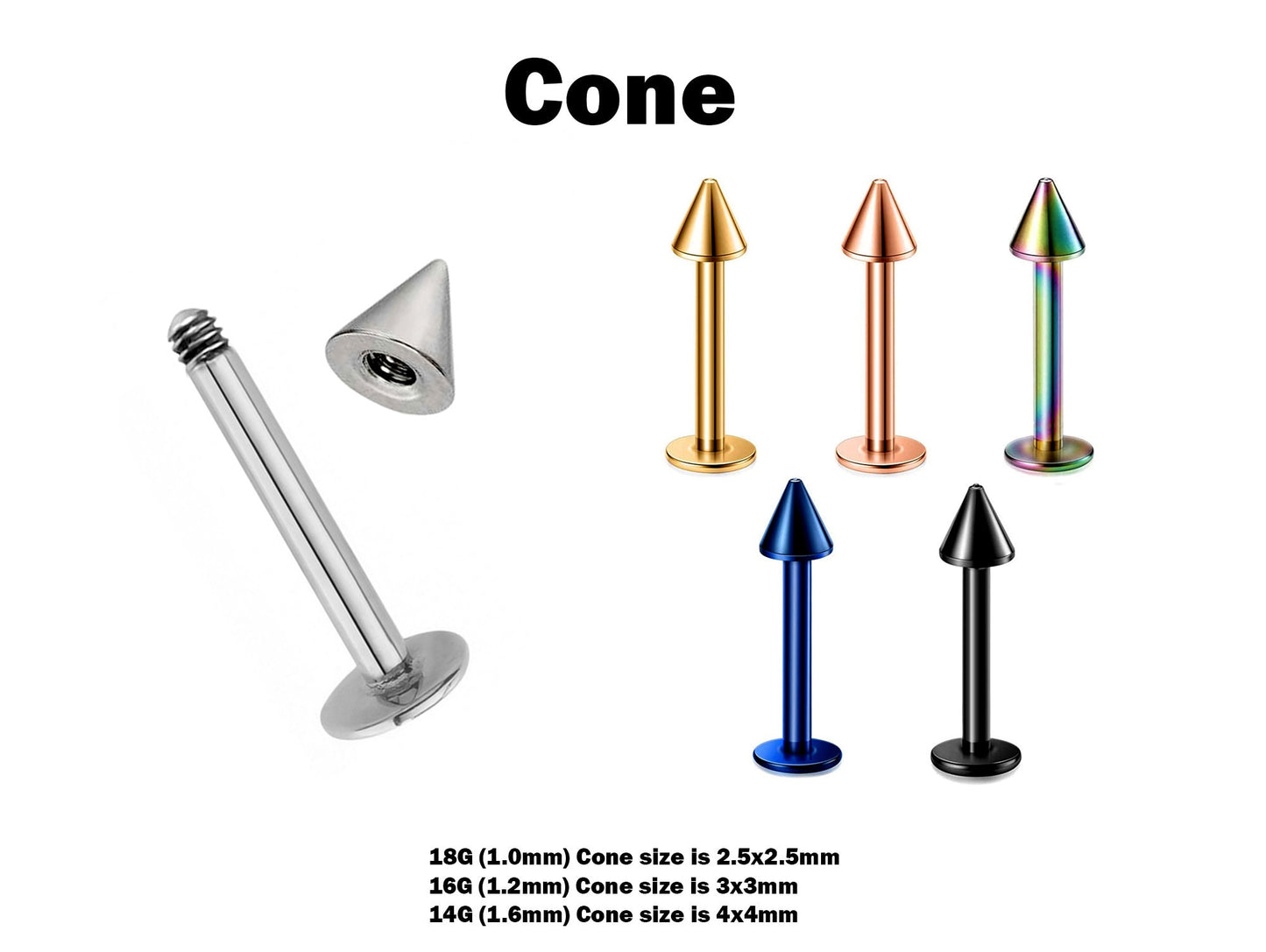 Titanium Spike Labret, Labret Stud – Labret Cone Spike Piercing available in many Colours – 18g, 16g, 14g Labret Piercing for Lip.
