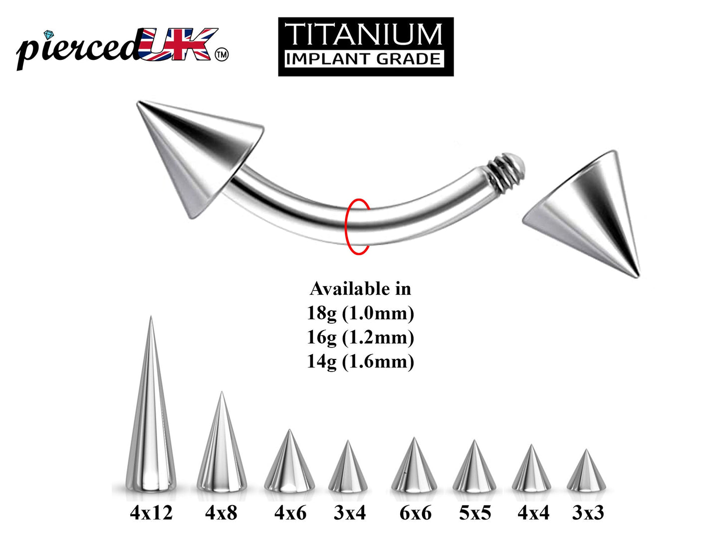 Curved Spike Barbell Piercing - Titanium Spike Cone - 18g, 16g, 14g - Piercing for Eyebrow piercing, Daith Earrings, Belly Ring, and More