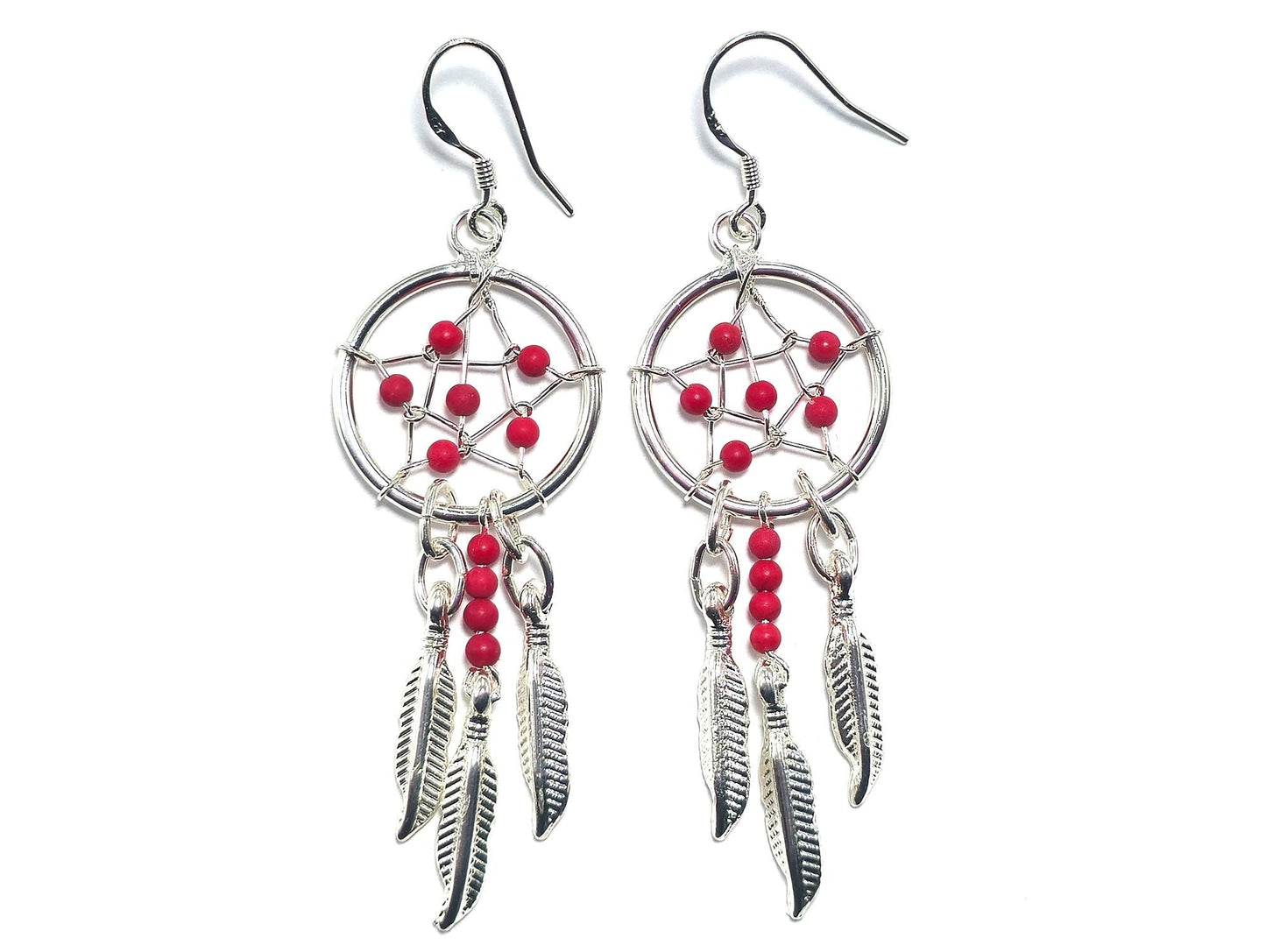Handmade Silver Dreamcatcher Earrings with Genuine Turquoise, Coral, Onyx & Lapis Beads – Dangle Hook Design