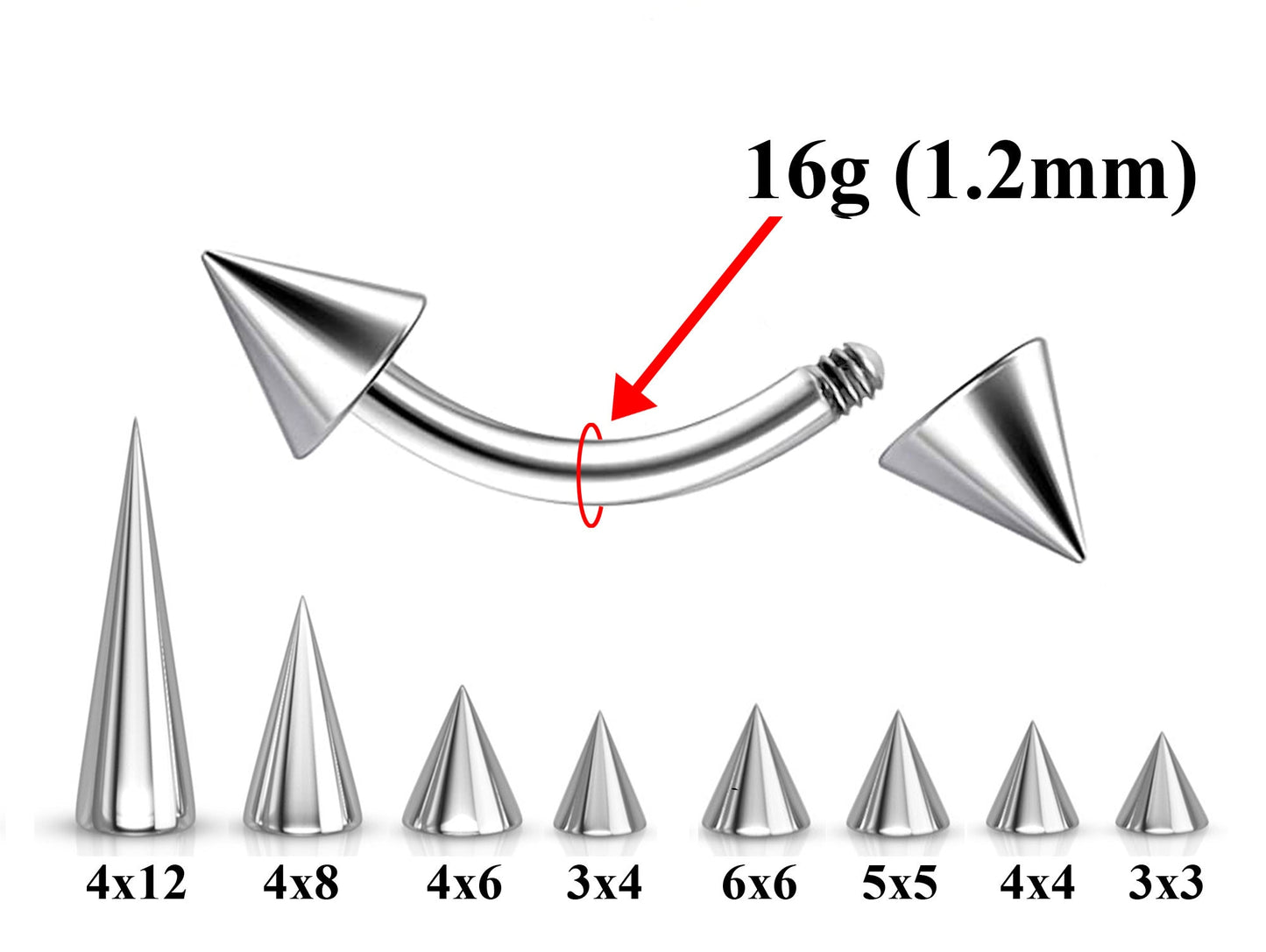 Curved Spike Barbell Piercing - Titanium Spike Cone - 18g, 16g, 14g - Piercing for Eyebrow piercing, Daith Earrings, Belly Ring, and More