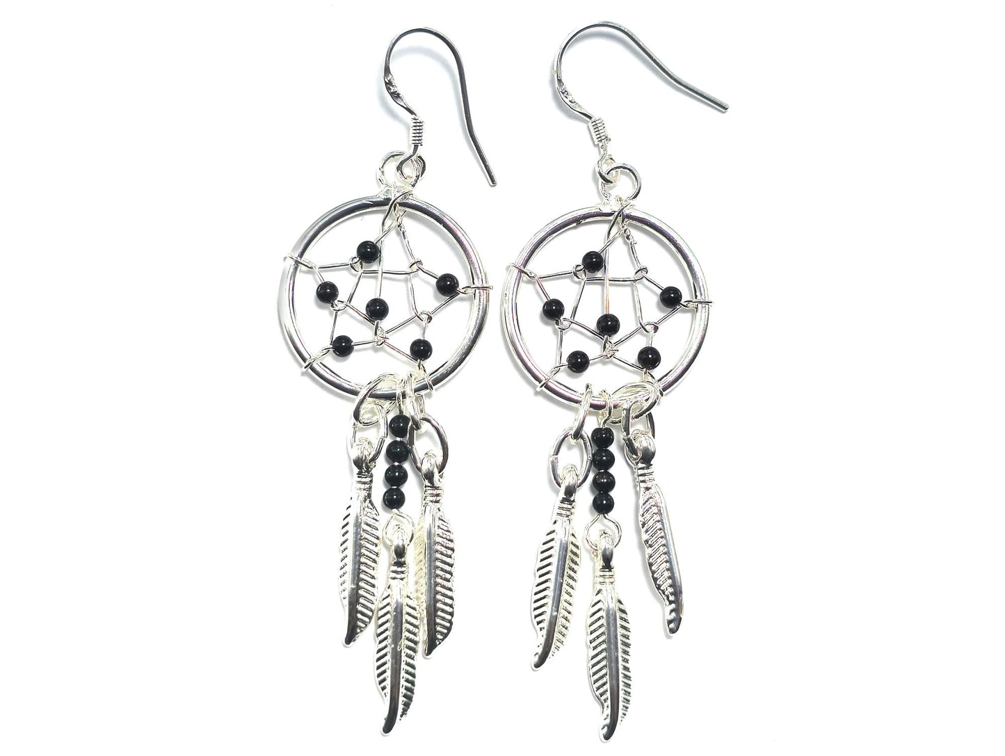 Handmade Silver Dreamcatcher Earrings with Genuine Turquoise, Coral, Onyx & Lapis Beads – Dangle Hook Design