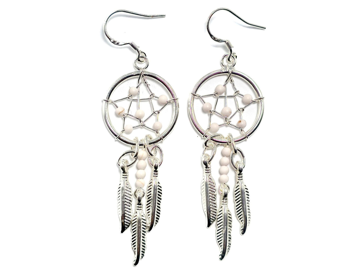 Handmade Silver Dreamcatcher Earrings with Genuine Turquoise, Coral, Onyx & Lapis Beads – Dangle Hook Design