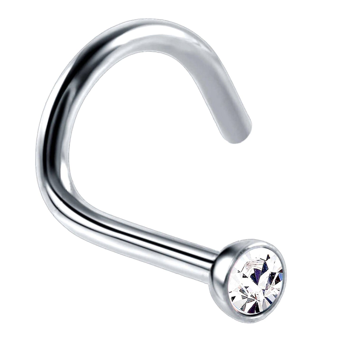 Nostril Screw Ring, Nose Studs - Curved Nose Ring for Nose Piercing - Size 16g (1.2mm) and CZ Gem Size is 2.4mm - Many Colours Available