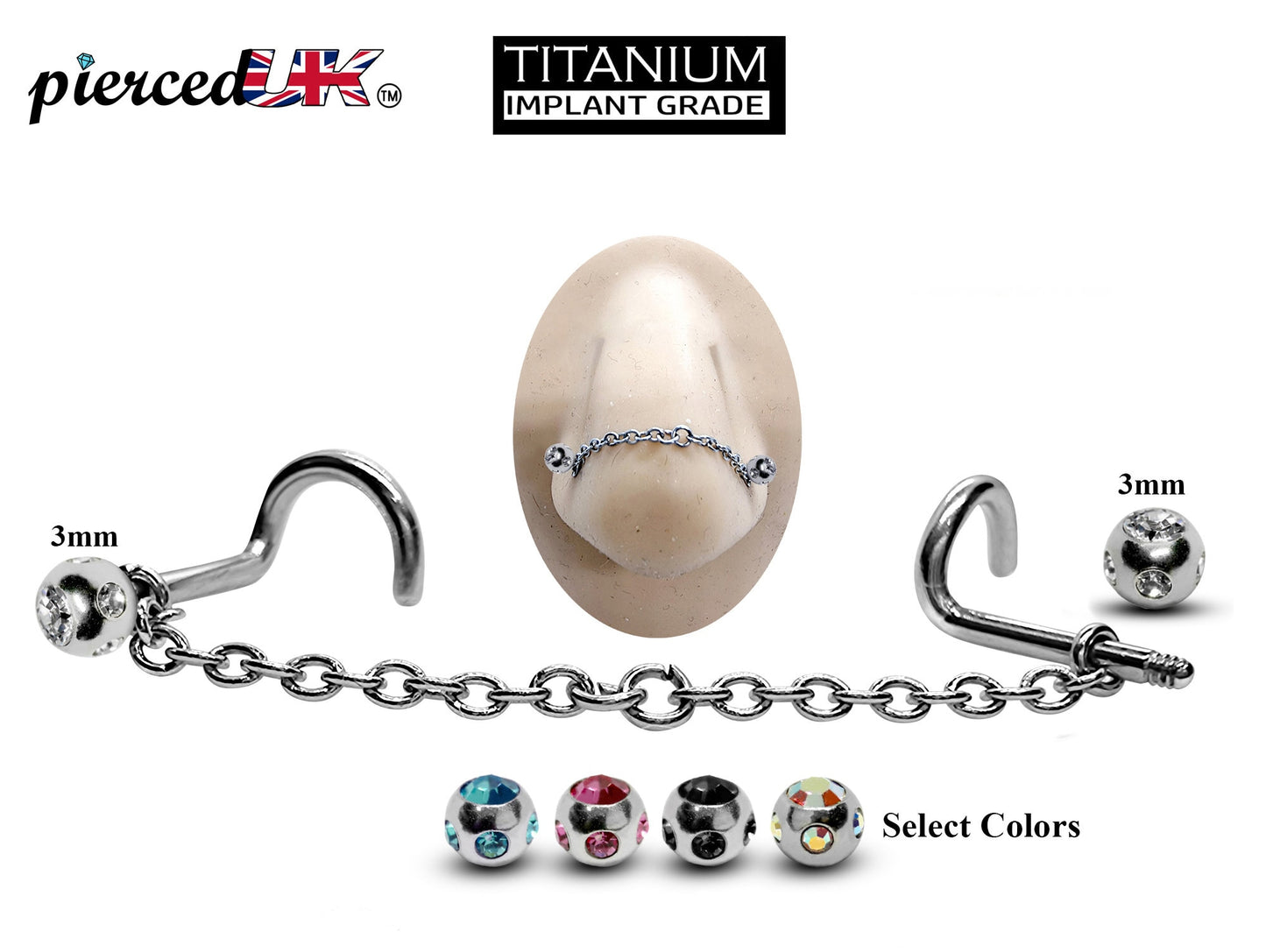 Titanium Nose Piercing, Nostril Chain Piercing - Nasallang Piercing with Multi Crystal Ball - Nose Stud, Nostril Chain - Hand Made