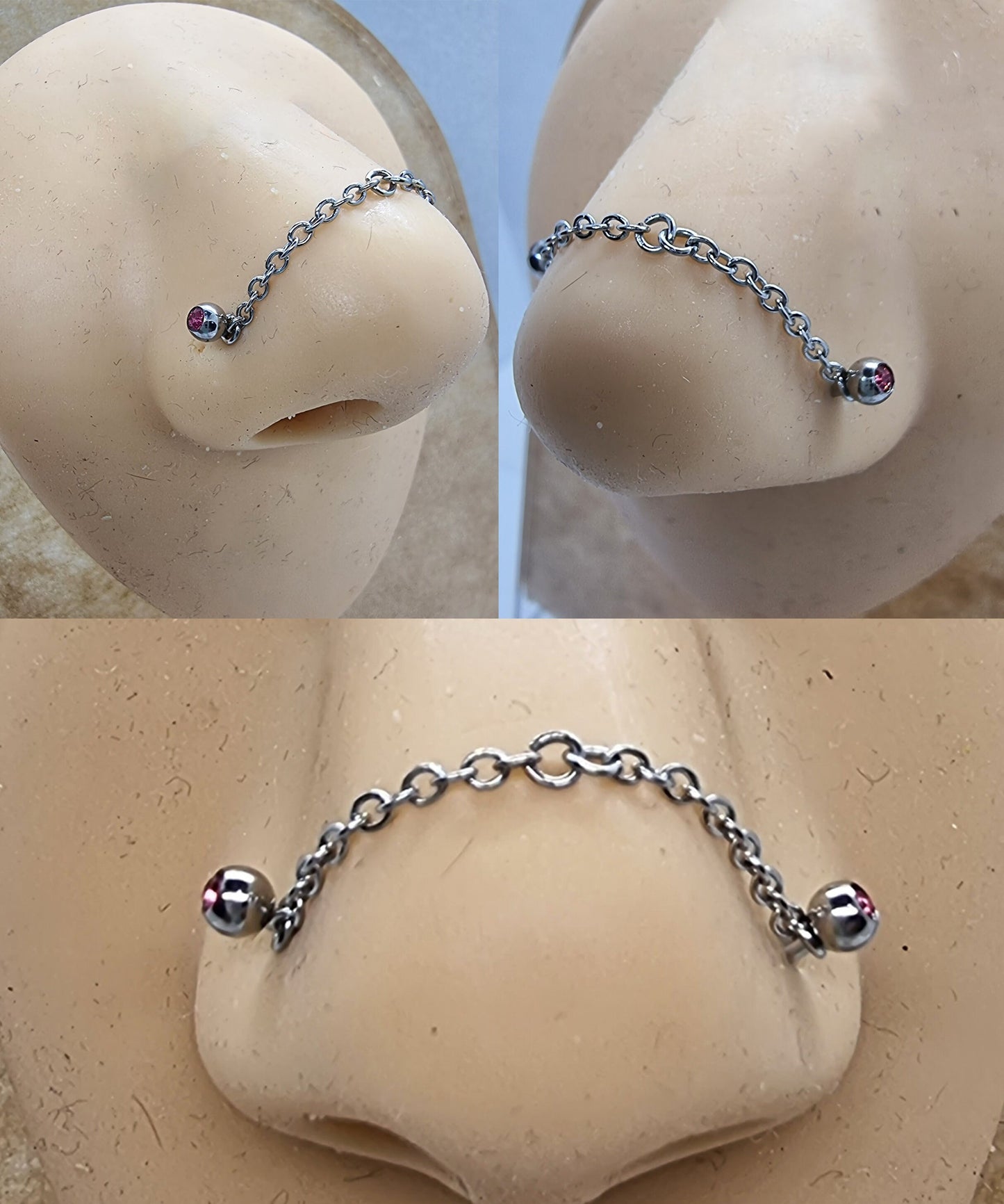 Titanium Nose Chain, Nostril Bridge Piercing - Nasallang Piercing with Gem Ball Crystal - Nose Piercing, Nostril Chain - Hand Made