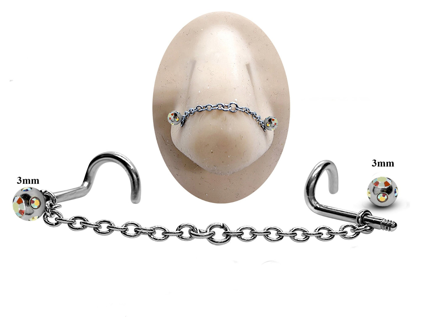 Titanium Nose Piercing, Nostril Chain Piercing - Nasallang Piercing with Multi Crystal Ball - Nose Stud, Nostril Chain - Hand Made