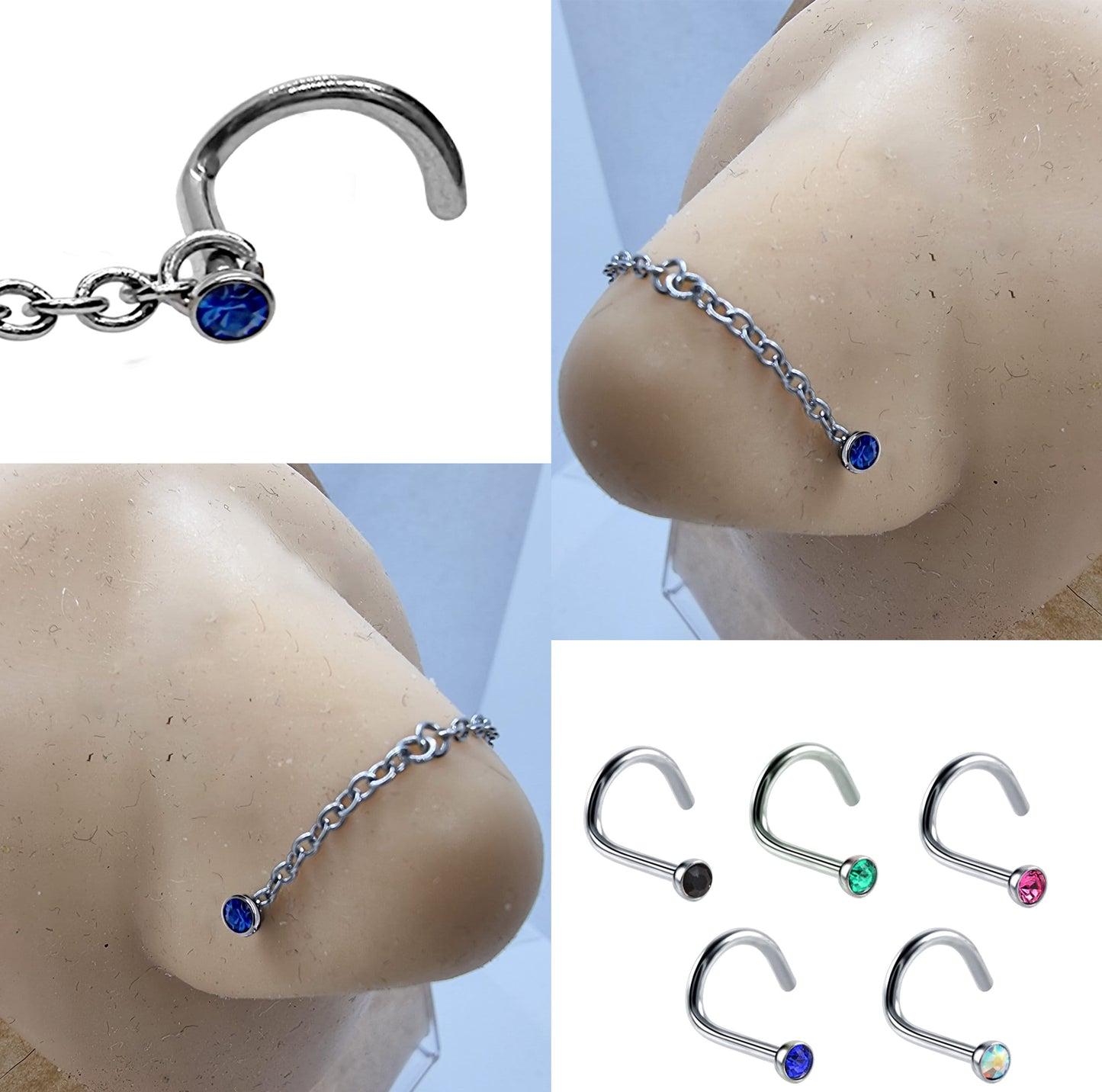 Nostril Screw Piercing, Nose Chain Hand Made Custom Size - Titanium Nasallang Piercing with CZ Crystals -Nose Piercing, Nose Bridge Chain