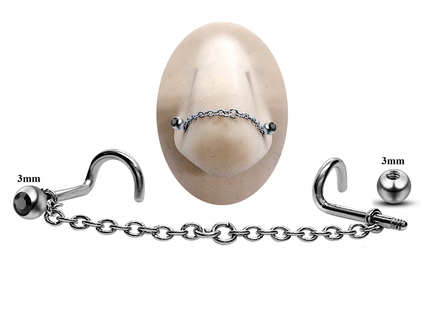 Titanium Nose Chain, Nostril Bridge Piercing - Nasallang Piercing with Gem Ball Crystal - Nose Piercing, Nostril Chain - Hand Made