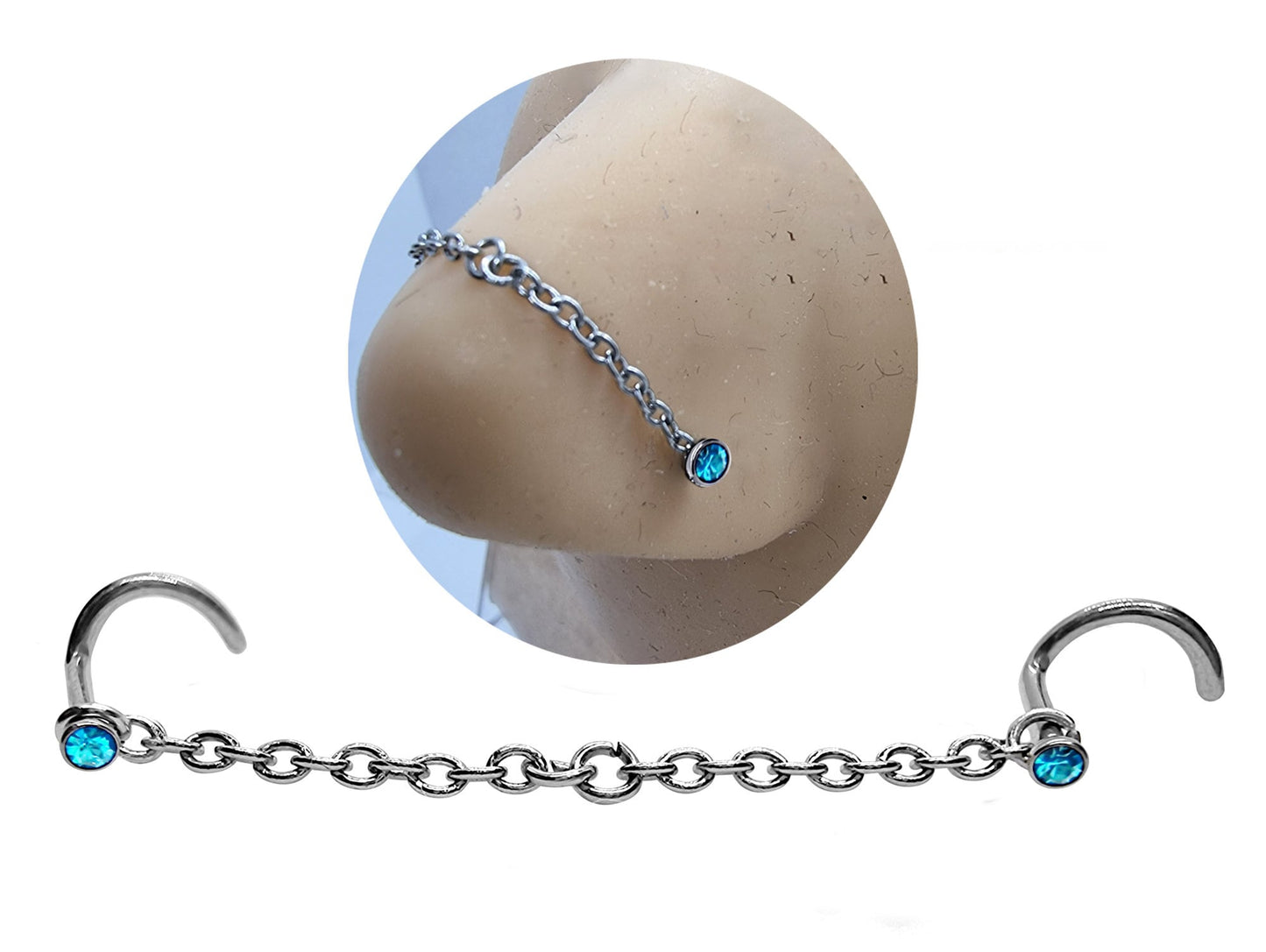 Nostril Screw Piercing, Nose Chain Hand Made Custom Size - Titanium Nasallang Piercing with CZ Crystals -Nose Piercing, Nose Bridge Chain