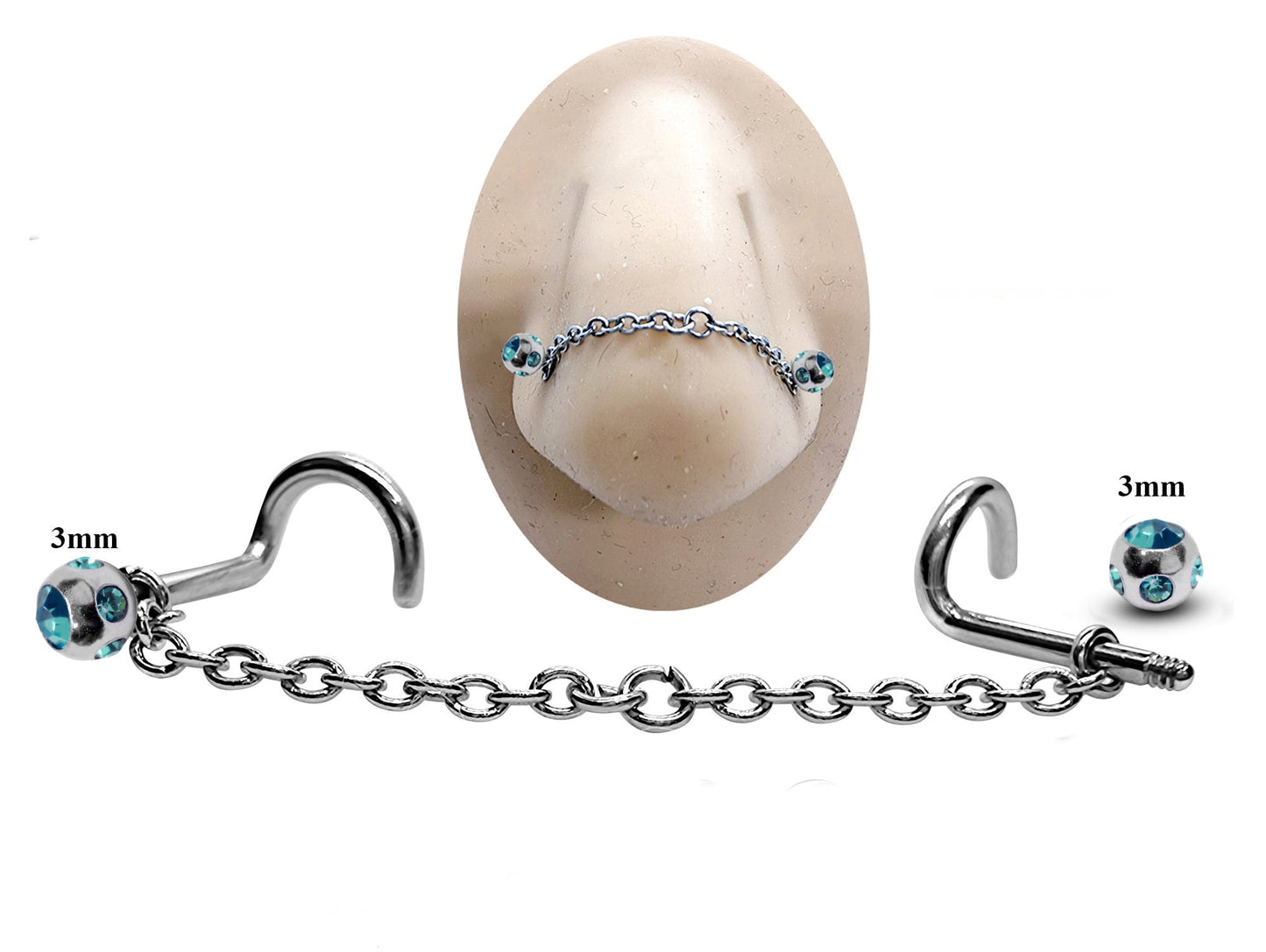 Titanium Nose Piercing, Nostril Chain Piercing - Nasallang Piercing with Multi Crystal Ball - Nose Stud, Nostril Chain - Hand Made
