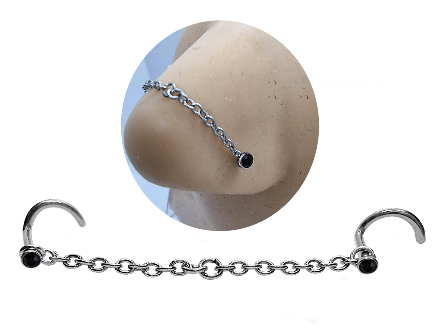 Nostril Screw Piercing, Nose Chain Hand Made Custom Size - Titanium Nasallang Piercing with CZ Crystals -Nose Piercing, Nose Bridge Chain