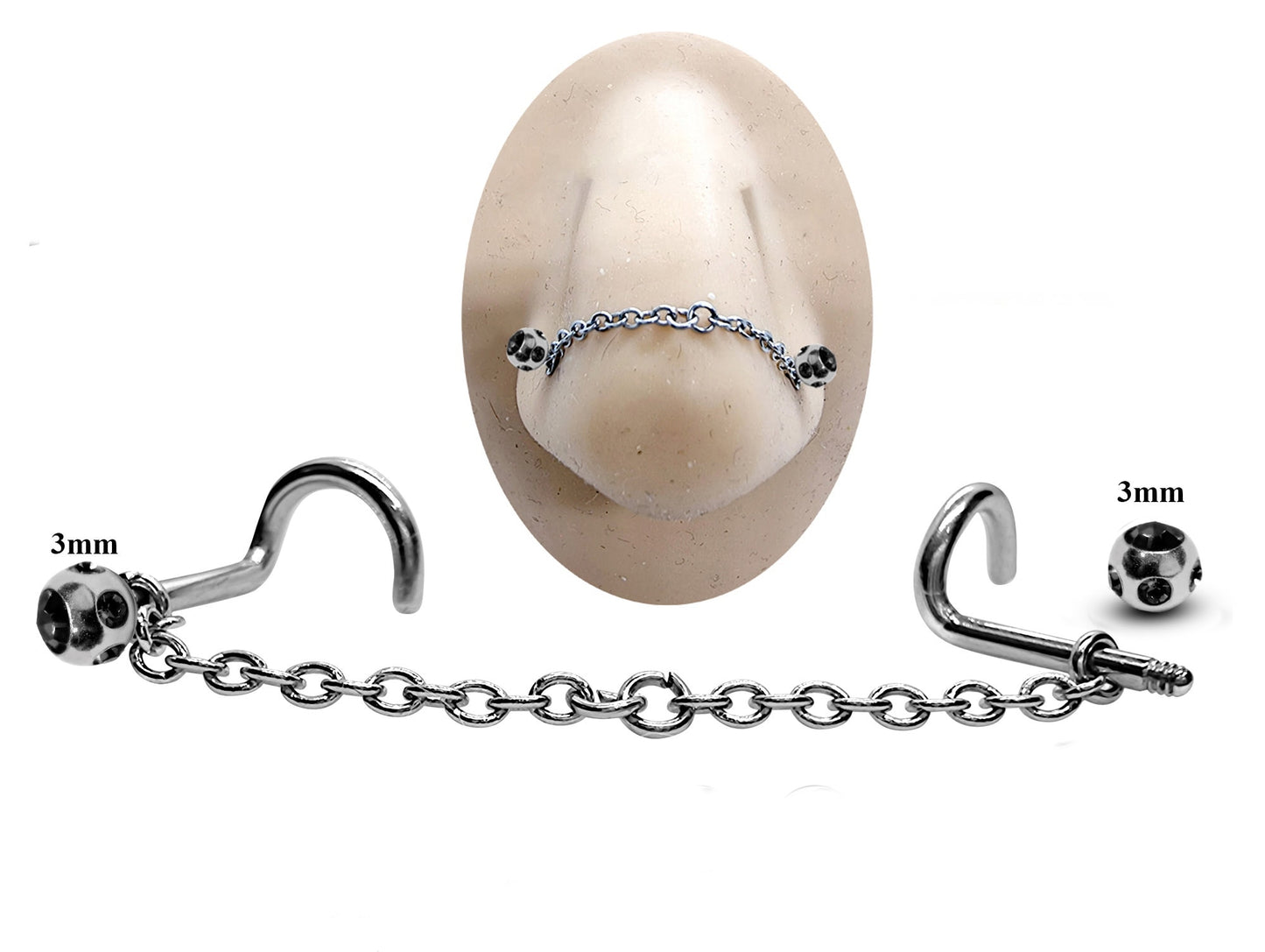 Titanium Nose Piercing, Nostril Chain Piercing - Nasallang Piercing with Multi Crystal Ball - Nose Stud, Nostril Chain - Hand Made