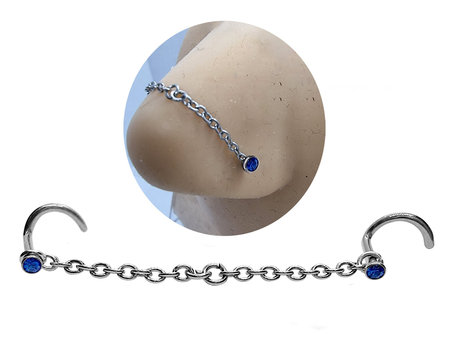 Nostril Screw Piercing, Nose Chain Hand Made Custom Size - Titanium Nasallang Piercing with CZ Crystals -Nose Piercing, Nose Bridge Chain