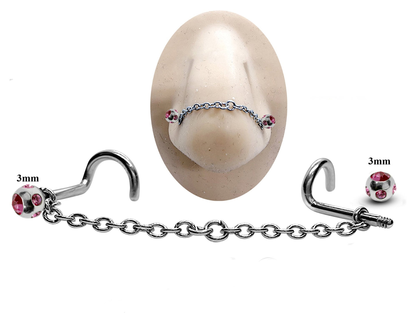 Titanium Nose Piercing, Nostril Chain Piercing - Nasallang Piercing with Multi Crystal Ball - Nose Stud, Nostril Chain - Hand Made