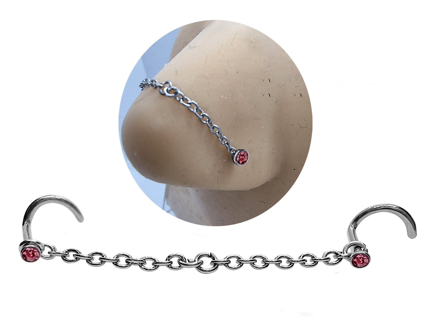 Nostril Screw Piercing, Nose Chain Hand Made Custom Size - Titanium Nasallang Piercing with CZ Crystals -Nose Piercing, Nose Bridge Chain