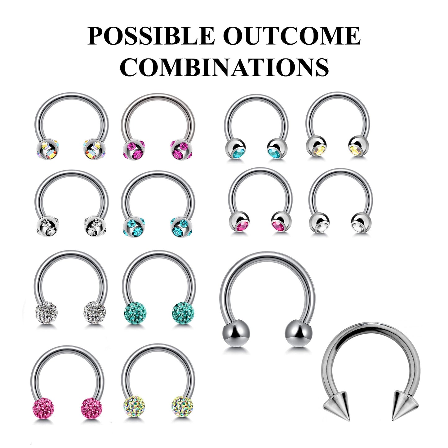 Horseshoe Septum Ring- Customize Horseshoe Barbell Piercing in 16g / 14g - Spike - Gem Ball - Multi Stone - Disco Ball - Plain Ball.