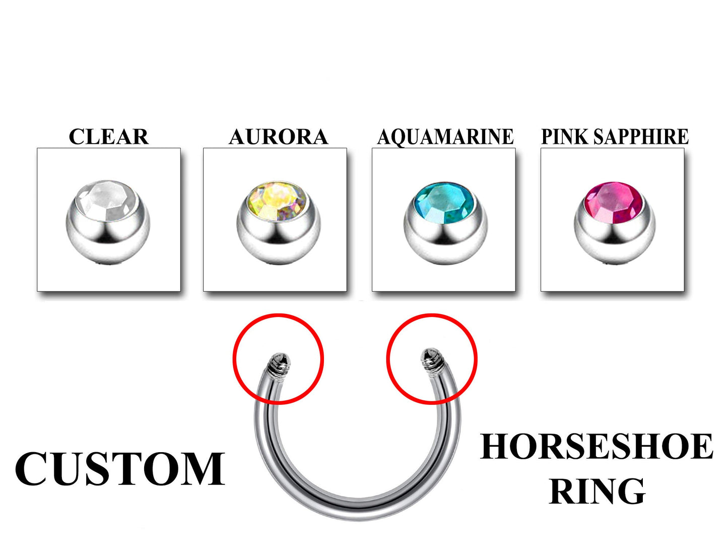 Horseshoe Septum Ring- Customize Horseshoe Barbell Piercing in 16g / 14g - Spike - Gem Ball - Multi Stone - Disco Ball - Plain Ball.
