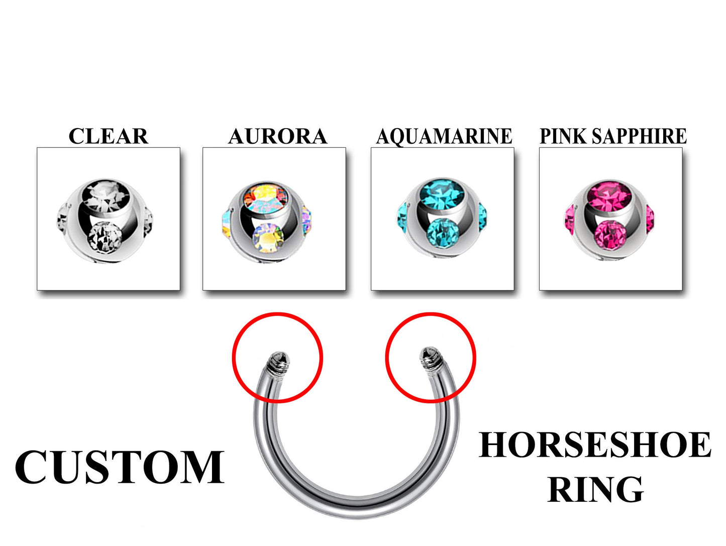 Horseshoe Septum Ring- Customize Horseshoe Barbell Piercing in 16g / 14g - Spike - Gem Ball - Multi Stone - Disco Ball - Plain Ball.