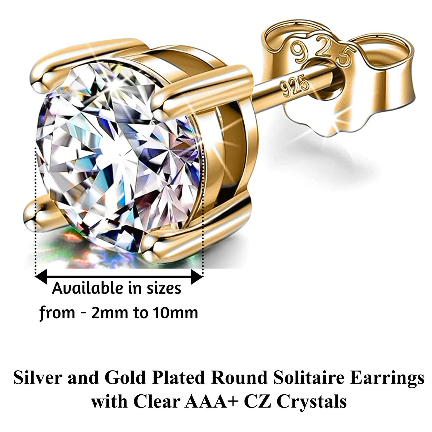 Gold Earrings for Women -18K Gold Plated Silver Solitaire Round Stud Earrings - Highest Quality Crystals Hand Set - Size 2mm to 7mm