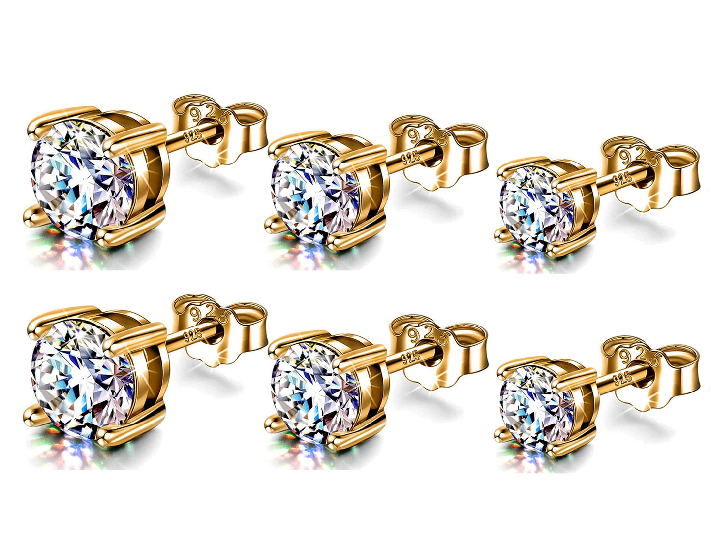 Gold Earrings for Women -18K Gold Plated Silver Solitaire Round Stud Earrings - Highest Quality Crystals Hand Set - Size 2mm to 7mm