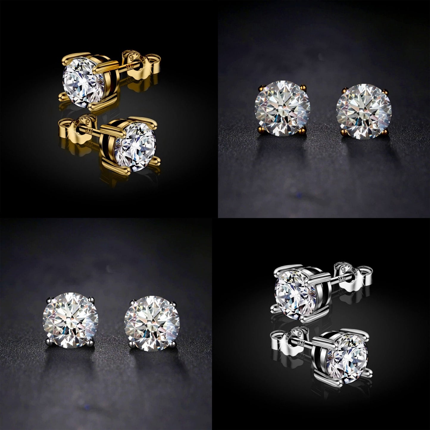 Gold Earrings for Women -18K Gold Plated Silver Solitaire Round Stud Earrings - Highest Quality Crystals Hand Set - Size 2mm to 7mm