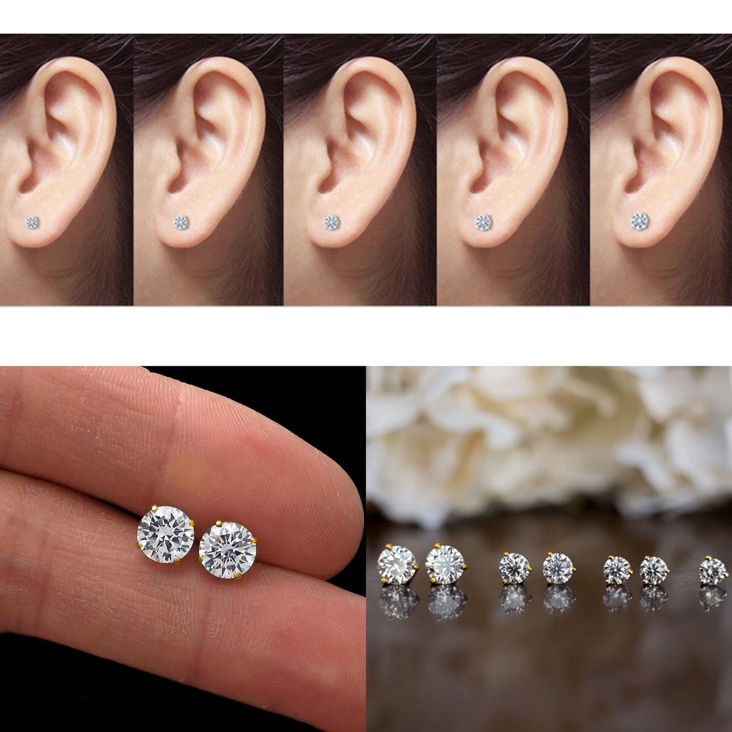 Gold Earrings for Women -18K Gold Plated Silver Solitaire Round Stud Earrings - Highest Quality Crystals Hand Set - Size 2mm to 7mm