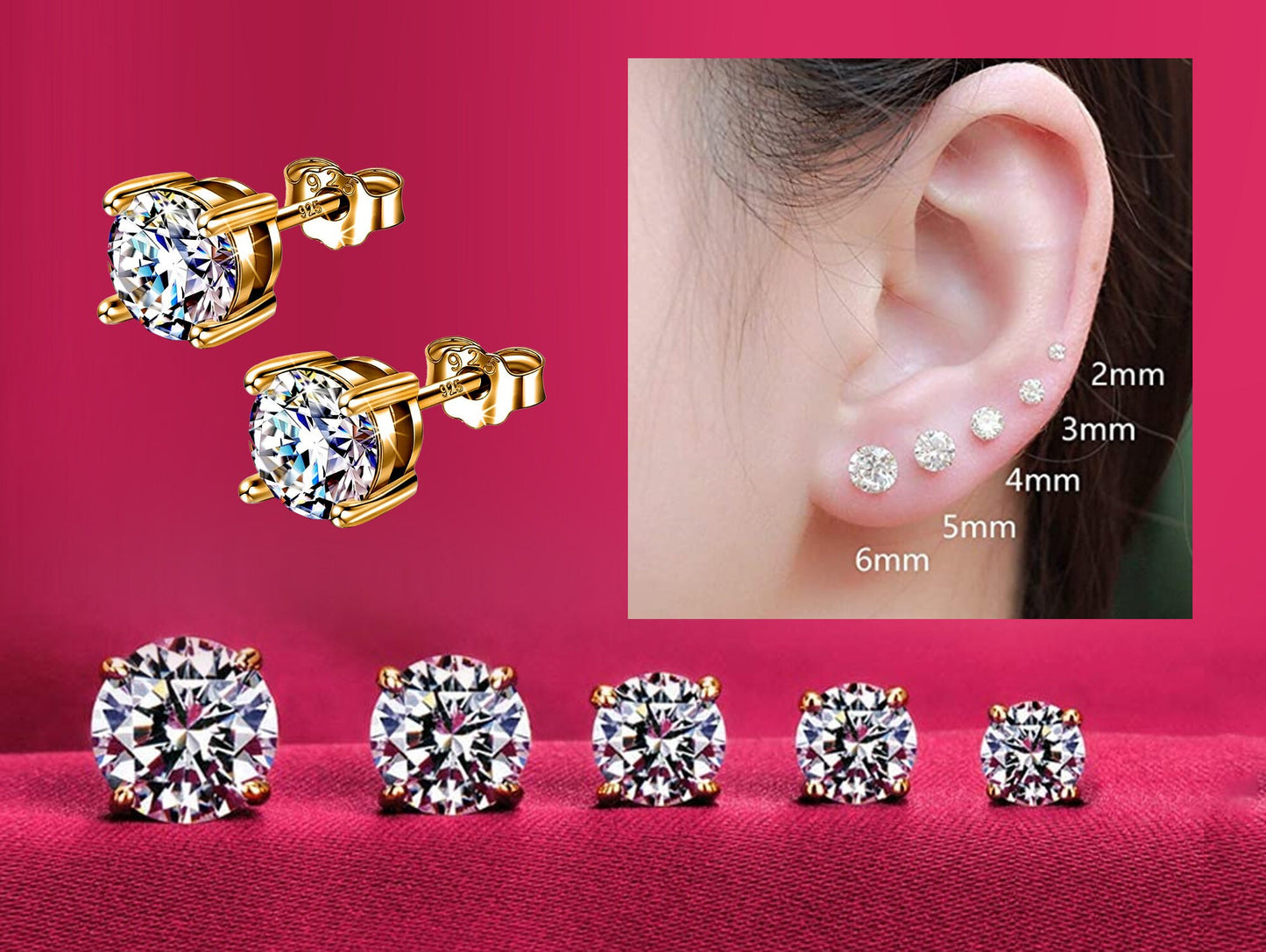Gold Earrings for Women -18K Gold Plated Silver Solitaire Round Stud Earrings - Highest Quality Crystals Hand Set - Size 2mm to 7mm