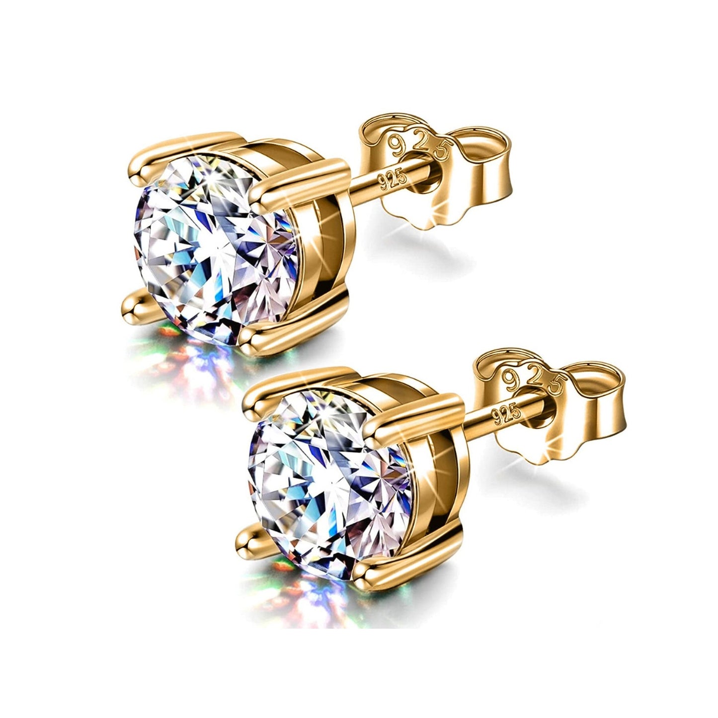 Gold Earrings for Women -18K Gold Plated Silver Solitaire Round Stud Earrings - Highest Quality Crystals Hand Set - Size 2mm to 7mm