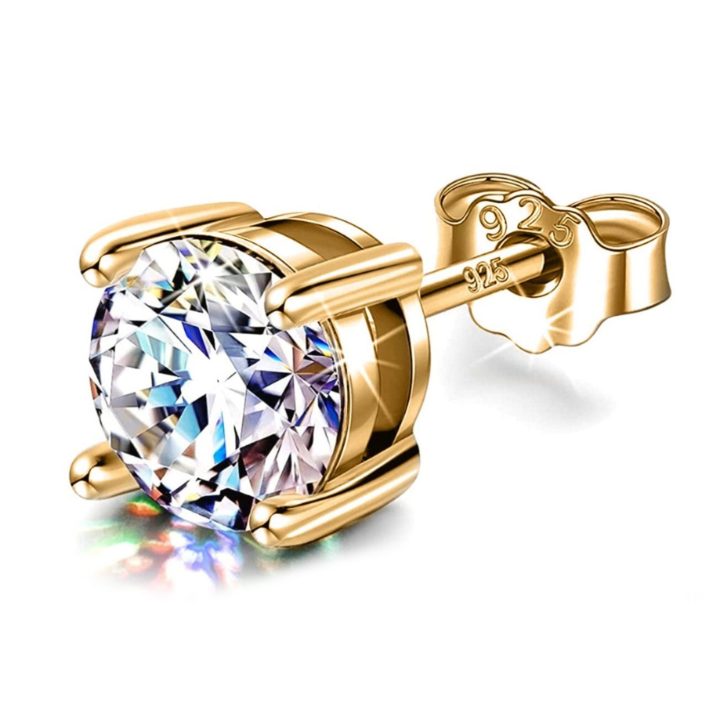 Gold Earrings for Women -18K Gold Plated Silver Solitaire Round Stud Earrings - Highest Quality Crystals Hand Set - Size 2mm to 7mm