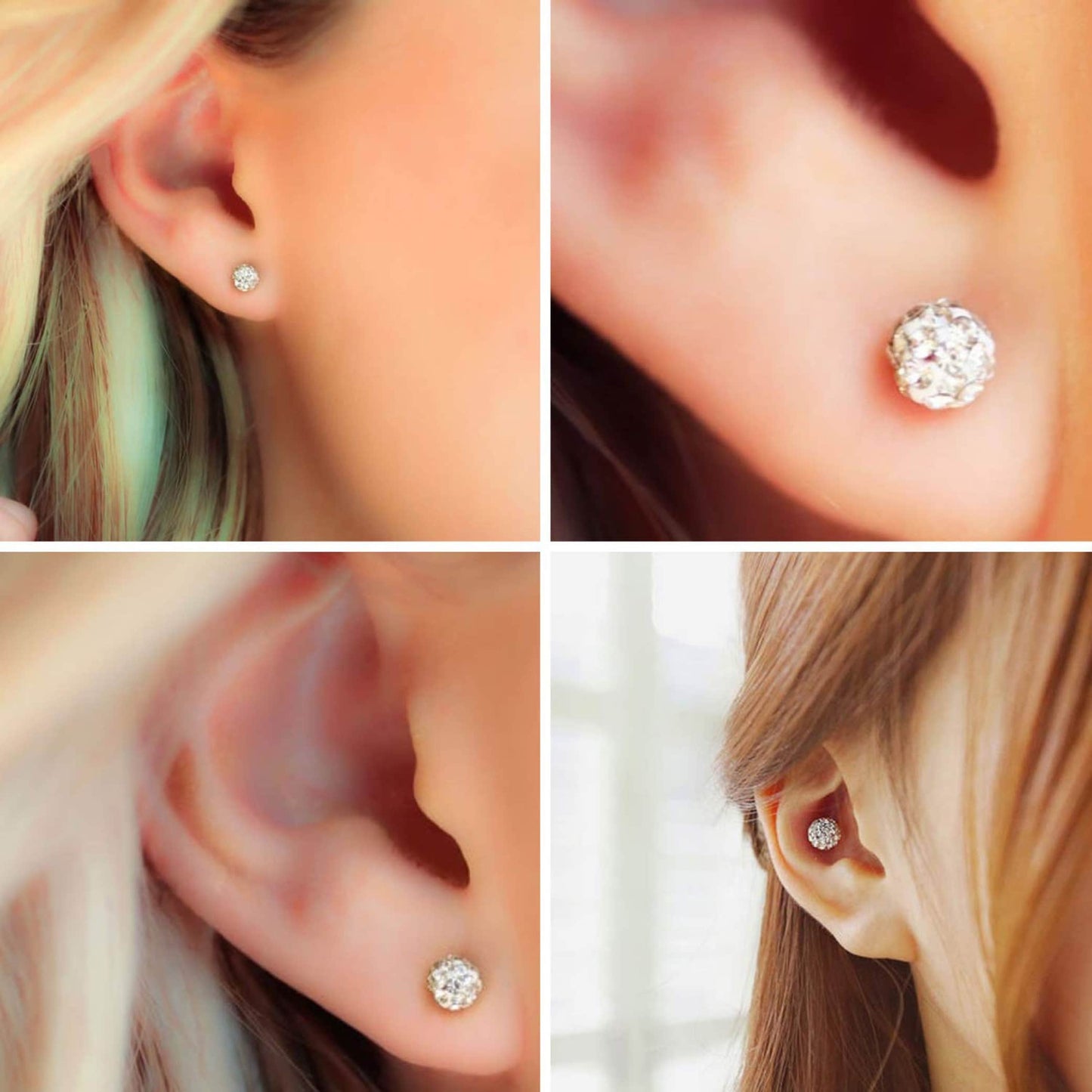 Glitter Ball Stud Earrings, Bling Ball - 2 Pairs of Multi Crystal Ball Silver Earring size 6mm and 8mm Ball - Choose in Many Colours