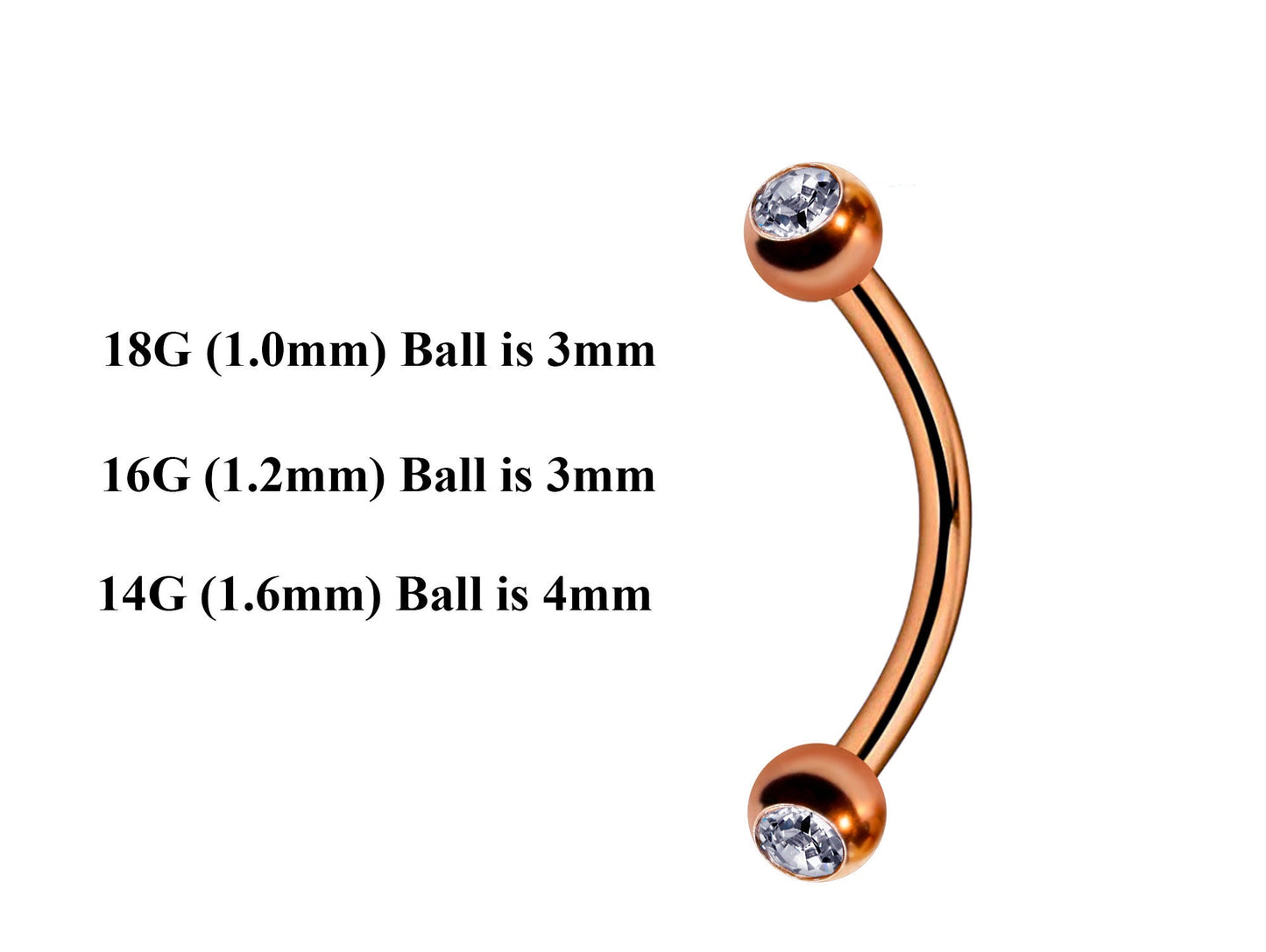 Rose Gold Curved Barbell, Eyebrow Bar – Custom Bent Barbell 18g 16g 14g Piercing for Daith, Vertical Labret and More