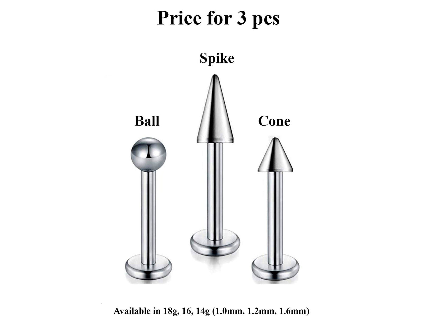 Labret Stud, Lip Piercing – 3pcs Labret Spike / Ball / Cone Flatback Labret Earring – Labret Jewelry for Lip, Chin and More