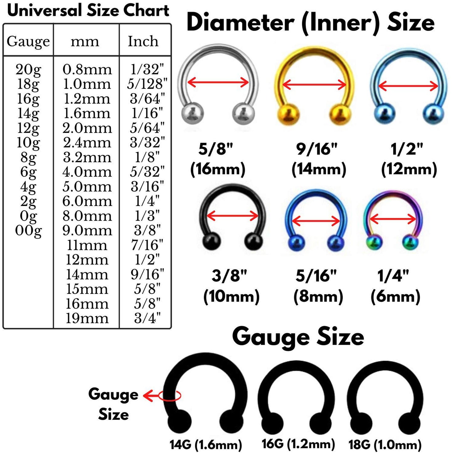 Circular Barbell Piercing, Horseshoe Septum Ring - 18G, 16G, 14G - Sizes 6mm to 16mm - Piercing for Nose, Eyebrow, Ears, Lip Ring, Nipple.