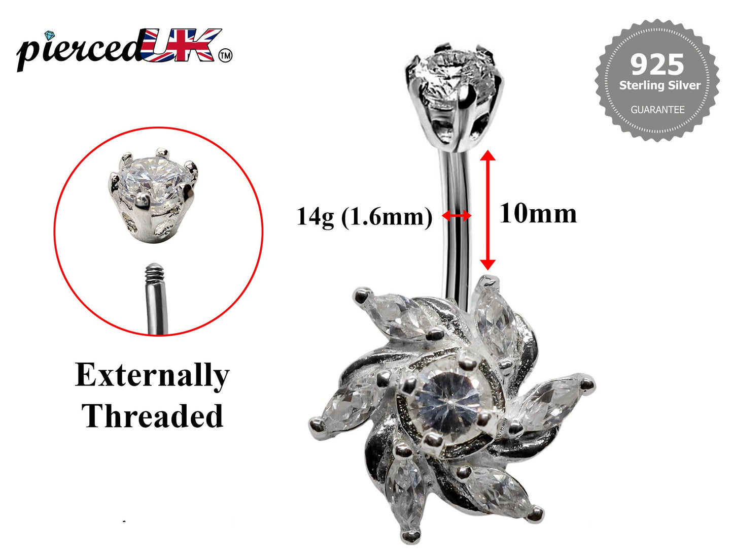Silver Belly Button Rings, Navel Piercing - Windmill Belly Piercing with High Quality CZ Crystals -Navel Jewelry-16g (1.6mm) Length is 10mm