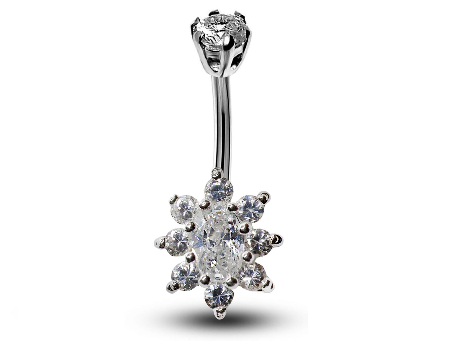 Silver Belly Button Piercing, Belly Bars - Belly Ring Flower CZ Crystals - Navel Ring - 16g (1.6mm) Length is 10mm