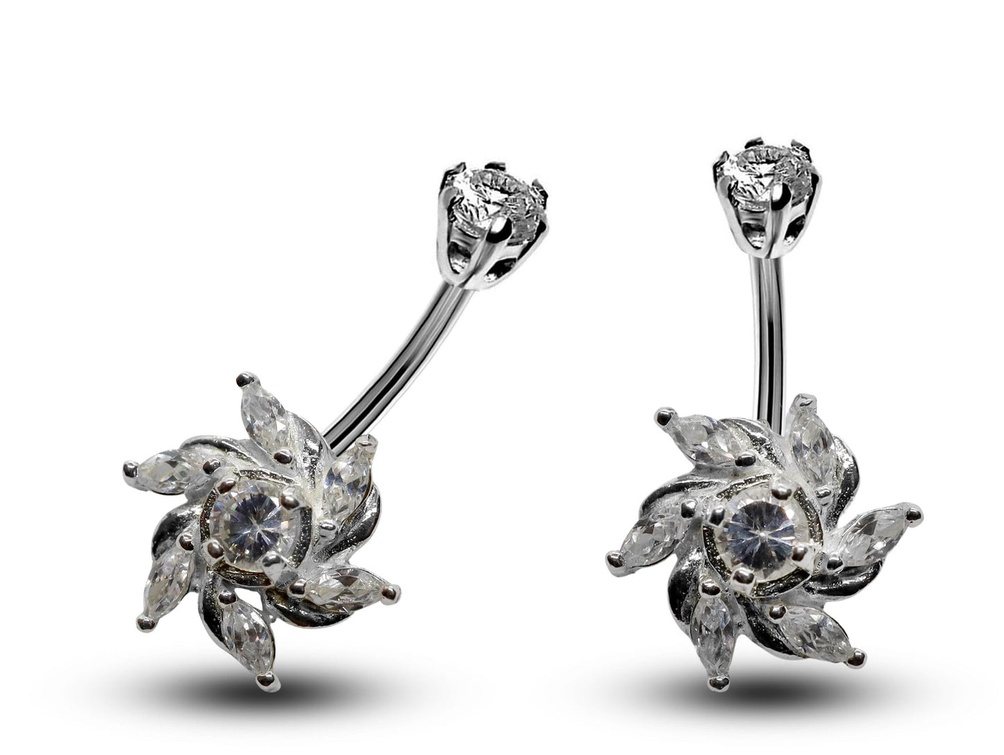 Silver Belly Button Rings, Navel Piercing - Windmill Belly Piercing with High Quality CZ Crystals -Navel Jewelry-16g (1.6mm) Length is 10mm