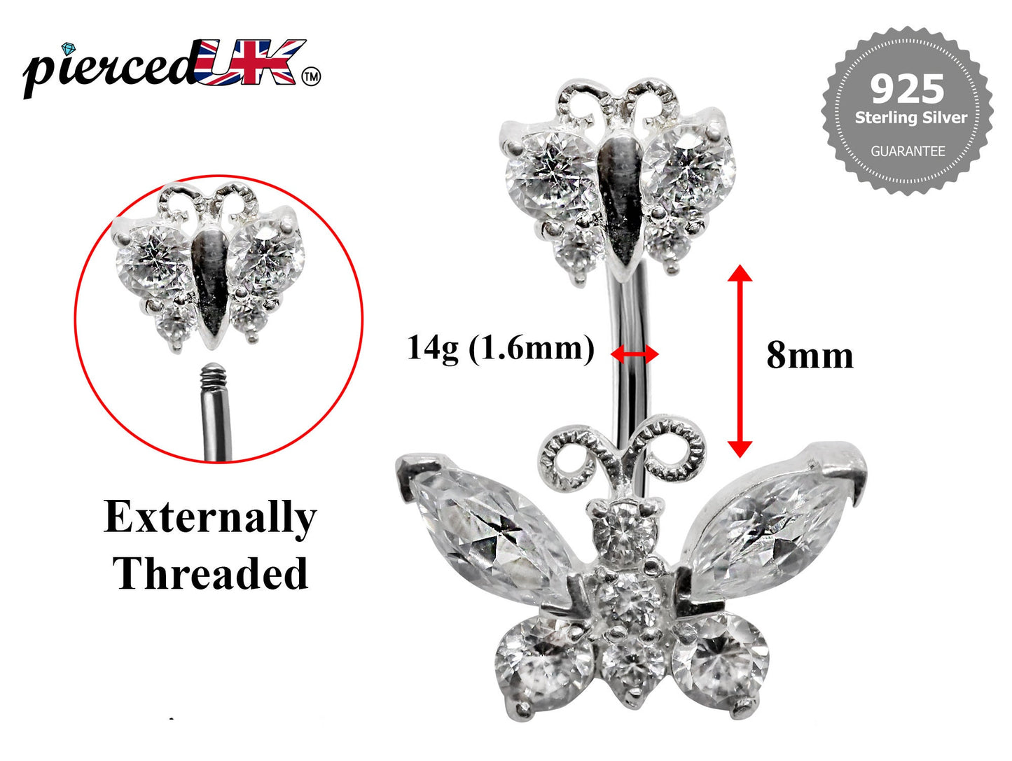 Silver Belly Button Rings, Navel Piercing Double Butterfly Belly Piercing with High Quality Crystals Navel Jewelry 16g(1.6mm) Length is 8mm