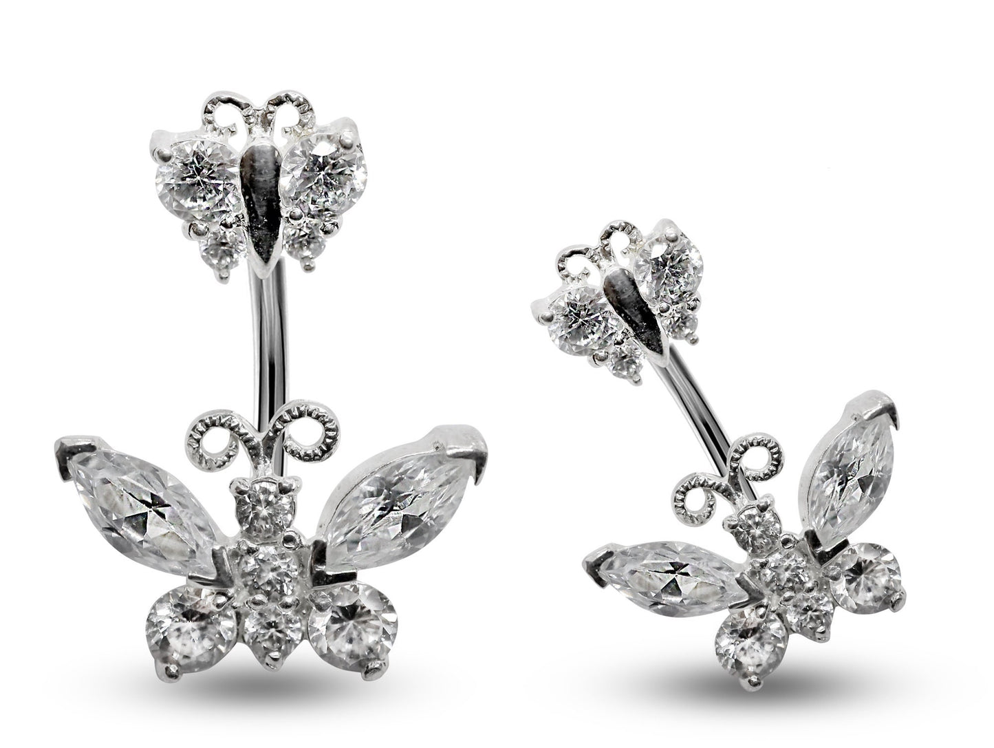 Silver Belly Button Rings, Navel Piercing Double Butterfly Belly Piercing with High Quality Crystals Navel Jewelry 16g(1.6mm) Length is 8mm